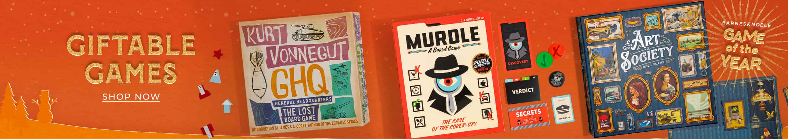 Giftable Games including Kurt Vonnegut GHQ, Murdle, and Art Society. Shop Now